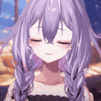 a girl with purple hair and braids is smiling with her eyes closed .