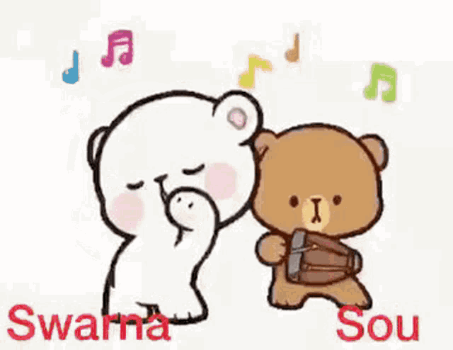 a cartoon of two teddy bears dancing to music .