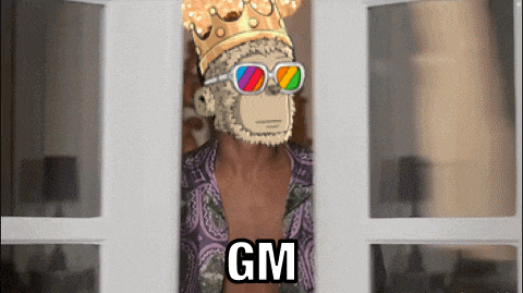 a monkey wearing sunglasses and a crown with gm written on the bottom