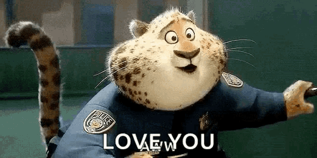 a cartoon cheetah is wearing a police uniform and holding a baton .