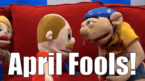two stuffed animals are sitting on a red couch with the words april fools written on the bottom