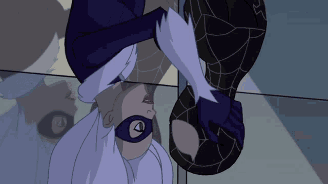 a cartoon drawing of a woman in a mask holding a black spider