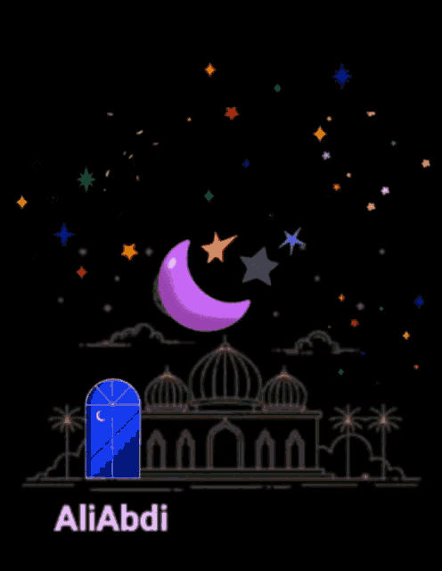 a drawing of a mosque with a purple crescent moon and stars