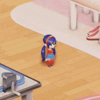 a cartoon girl with blue hair is standing on a wooden floor in a room
