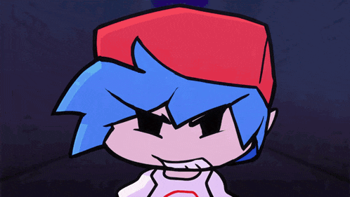a cartoon character with blue hair and a red hat is smiling