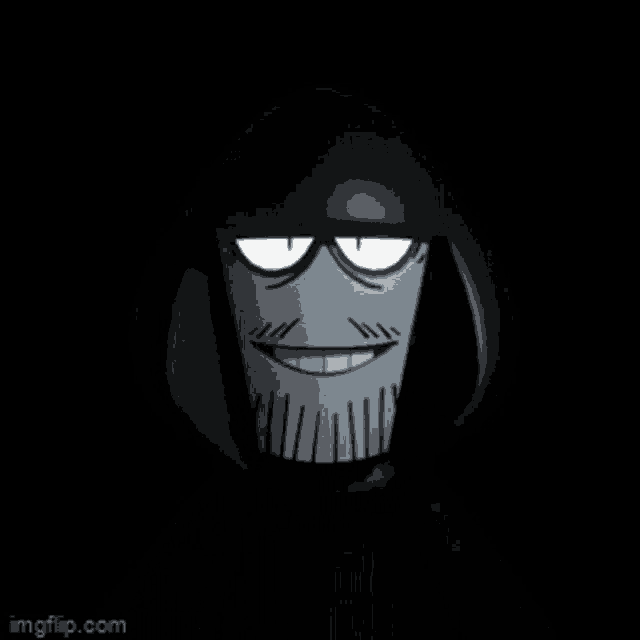 a cartoon character wearing a black hood and sunglasses is smiling in the dark .