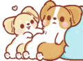 two corgi puppies are hugging each other while sitting next to each other .