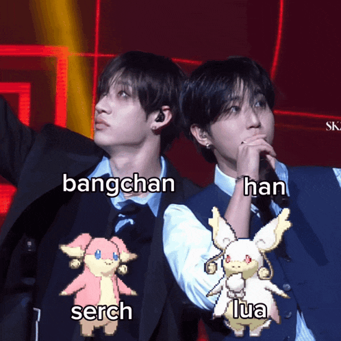 a couple of men standing next to each other with the words bangchan han serch lua written on their shirts