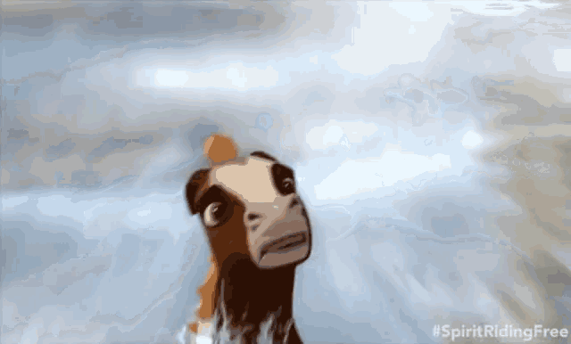a cartoon horse is running in the water with the words spirit riding free written below it