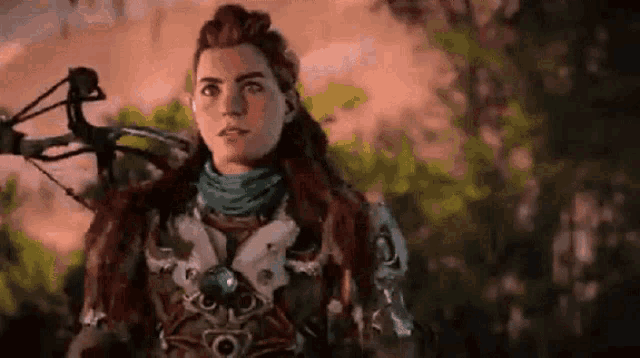a woman with long hair is holding a bow and arrow in her hand .