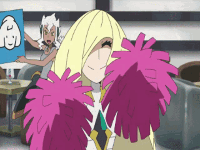 a cartoon drawing of a woman with pink pom poms
