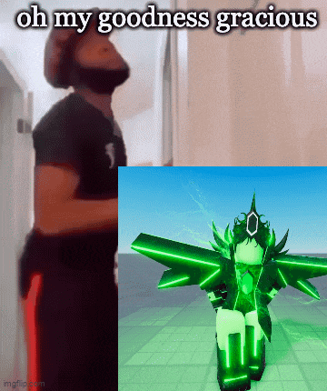 a man is standing next to a picture of a green robot that says oh my goodness gracious ..