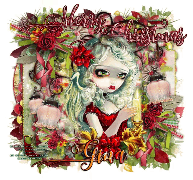 a picture of a girl with green hair and the words merry christmas