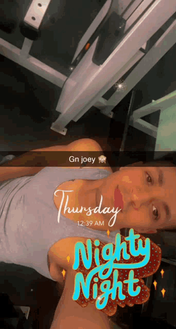 a snapchat of a person laying on a bench with the caption thursday night