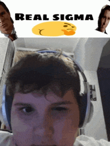 a man wearing headphones with a picture of a duck and the words real sigma