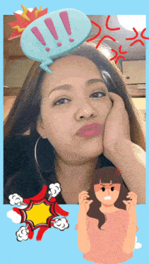 a woman with a speech bubble with exclamation marks on it