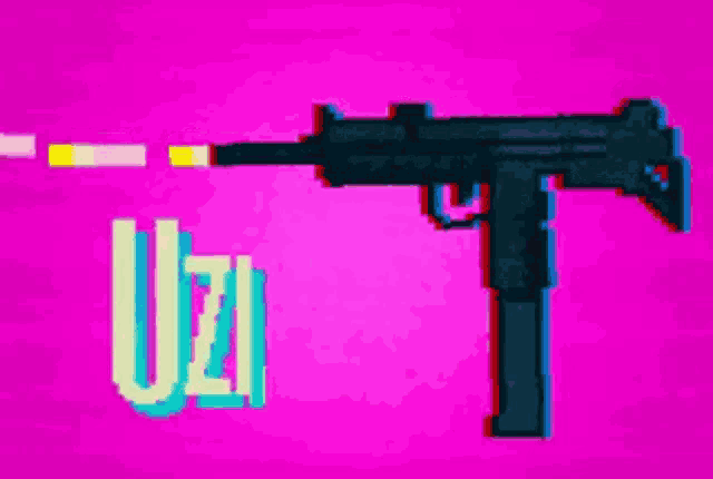 a pixel art of a gun with the word uzi in the corner