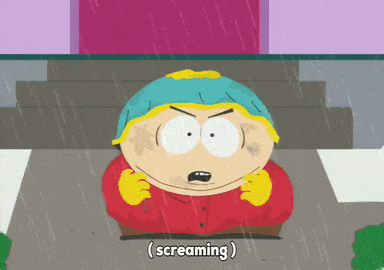a cartoon character from south park is screaming while standing in the rain