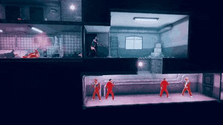a group of people in red uniforms are standing in a room