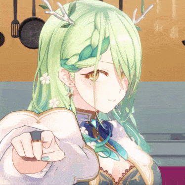 a girl with green hair and antlers is pointing