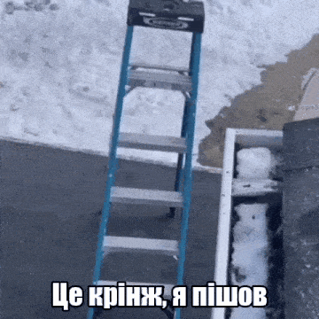 a ladder is sitting in the snow next to a gutter and says " це кринж , я пiшов "