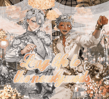 a couple of anime characters standing next to each other with the words long life to the newlyweds