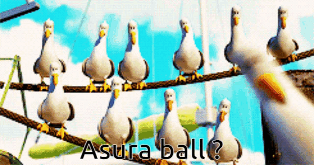 a bunch of seagulls sitting on a wire with the words asura ball written below them