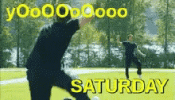 a man kicking a soccer ball with the words saturday in yellow