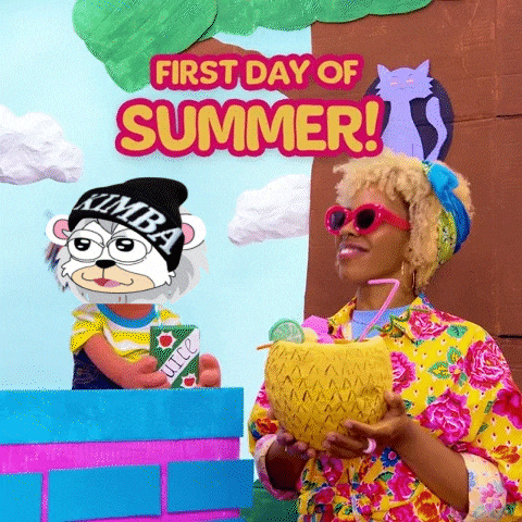 a woman is holding a pineapple in front of a sign that says first day of summer !