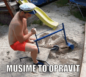 a shirtless man wearing a sailor hat is digging in a sandbox with the words musime to opravit below him