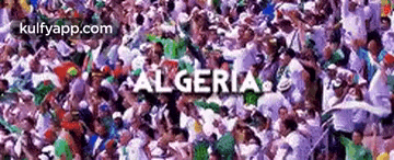 a crowd of people are gathered in a purple background with the word algeria written in white