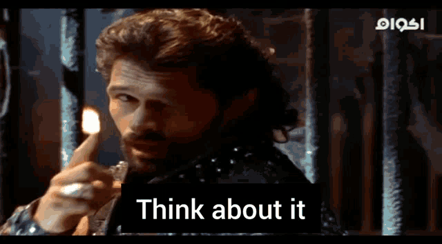 a man with a beard is holding a sword in front of a sign that says " think about it "