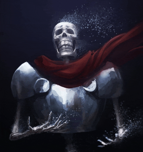a skeleton in armor with a red scarf around its neck
