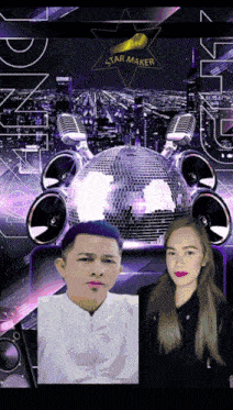 a man and a woman are standing in front of a disco ball with a star maker logo on it