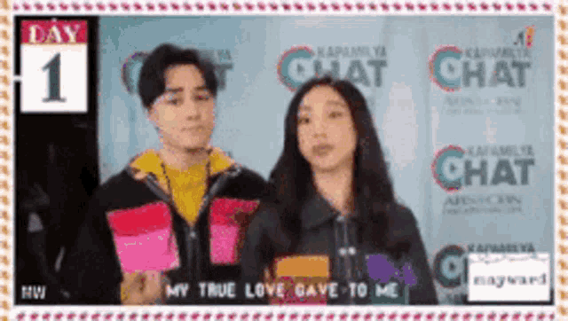 a couple standing next to each other with the words my true love gave to me