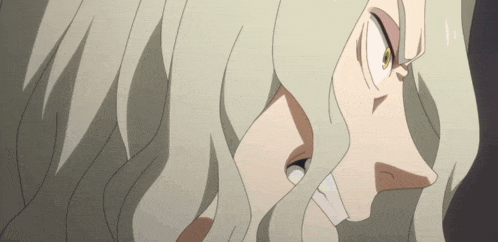a close up of a person with white hair