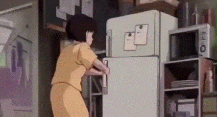 a cartoon of a woman opening a refrigerator door .