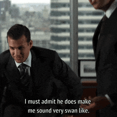 a man in a suit says " i must admit he does make me sound very swan like .. "
