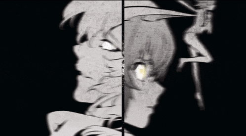 a black and white drawing of a man 's face with a glowing eye