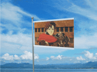 a flag with a picture of a man in a red cape on it