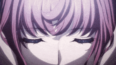 a close up of a girl 's face with pink hair and blue eyes