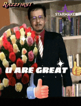 a man giving a thumbs up in front of a bouquet of flowers that says razzfirst