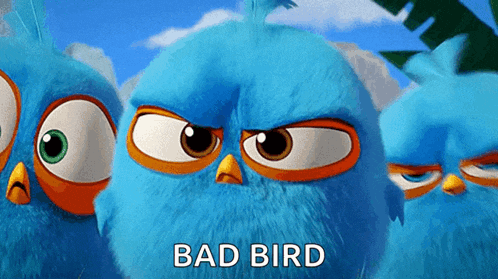 a group of blue angry birds are standing next to each other with the words bad bird written below them