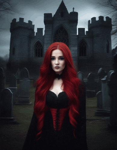 a woman with red hair is wearing a black lace top
