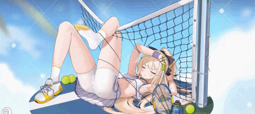 a girl is laying on a tennis net with a tennis racquet and tennis balls