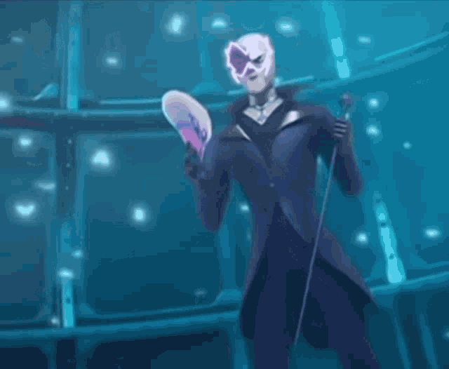 a man in a purple suit and white mask is holding a fan and a cane .