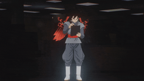 a person in a black outfit with red wings is holding a sword