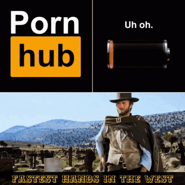 a man in a cowboy hat is standing in front of a porn hub sign