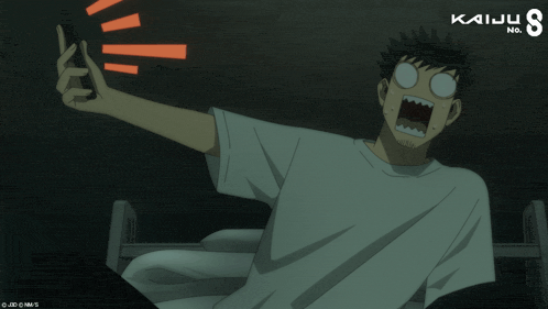 a cartoon of a man holding a cell phone with kaiju no 8 written on the bottom