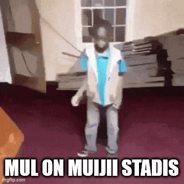 a young boy is dancing in a room with the words mul on mujii stadis written on the bottom